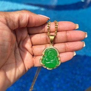 Green Amethyst Emerald Cubic Zirconia Buddha Cuban Gold Necklace